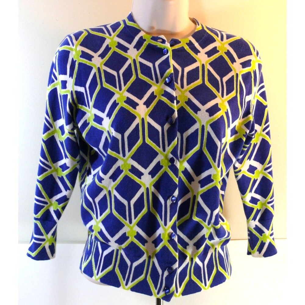 Crown & Ivy Blue Lime Green Geometric Cotton Blend Cardigan Sweater size SMALL